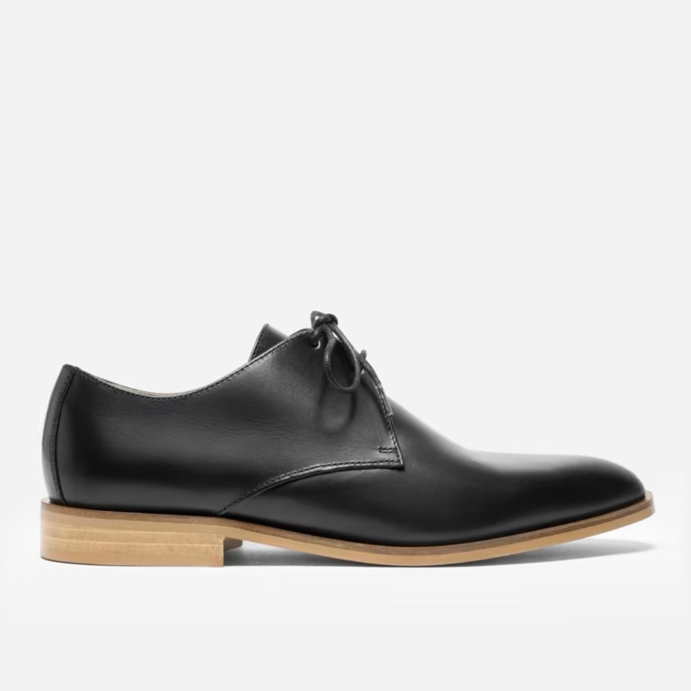 Everlane Black Leather Derby Flats with Natural Wood Heel